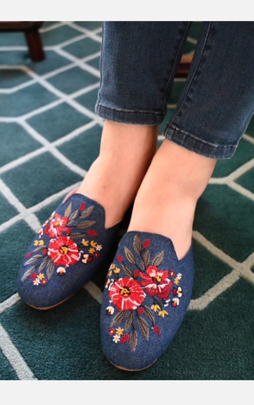 Golden Step Ladies Embroidery Slippers (Prussian Blue)